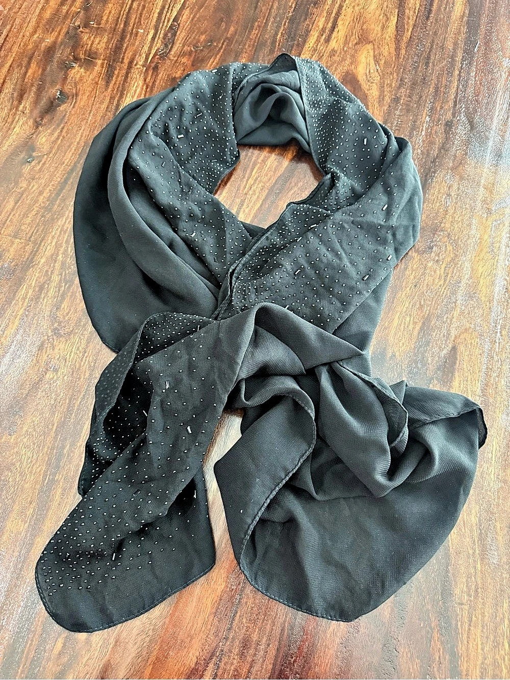 Black Rhinestone Beaded Lightweight Sheer Wrap Scarf 22.5” x 68”